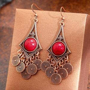 Bohemian Copper Alloy Drop <b>Earrings</b> Geometric <b>Red</b> Stone Bezel Setting Women's Fashion Dangle <b>Earrings</b> - Product Image 3