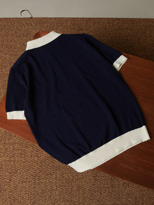 Polo de Punto para Hombre en Azul Marino y Beige con Bloques de Color, Manga Corta, Cierre de Botones, Transpirable, Estilo Retro, Informal, para Verano - Product Image 5