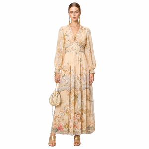 Abito <span class=keywords><strong>Lungo</strong></span> da Donna con Scollo a V, <span class=keywords><strong>Maniche</strong></span> a Lanterna, Stampa Floreale di Lusso, in Chiffon, Stile Boho Chic Elegante - Product Image 3