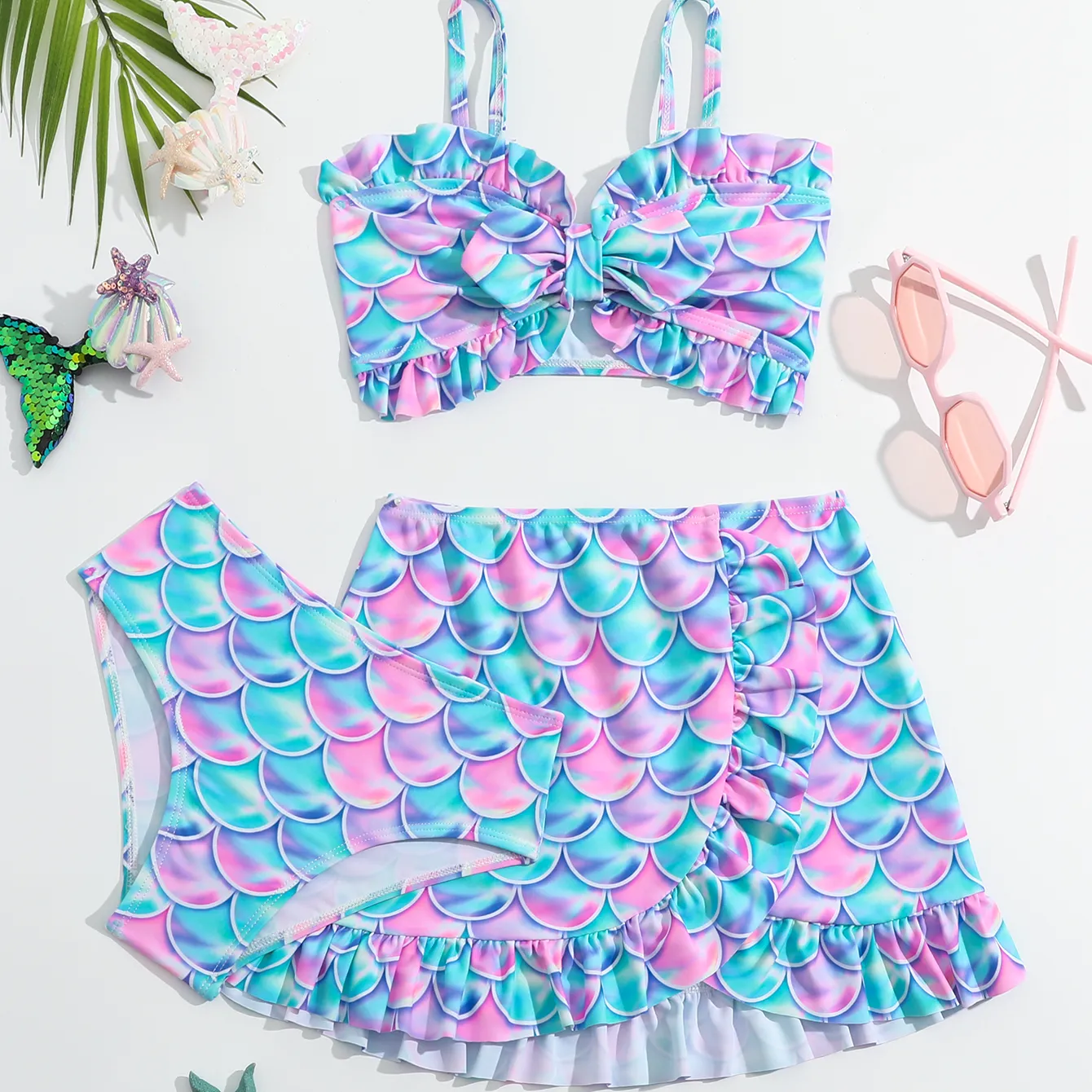 Sommer dreiteiliger Meerjungfrau-Stil-Bikin für Mädchen Mode schnell trocknender Kinder-Badeanzug im Meeresbereich in Fischgröße