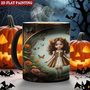 Mug en céramique noir givré 11oz, tasse à sublimation thermosensible avec motif floral de fille, peinture plate 2D - Product Image 6