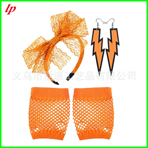 LPP4617 80s Neon Retro Lace <b>Bow</b> Headband Earrings Fishnet Gloves Set For Party Women's Fashion Jewelry - Product Image 3