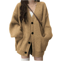 Cardigan en tricot ample à col en V pour femme, couleur unie décontractée mi-longue, collection printemps-automne, vêtements féminins transfrontaliers en gros