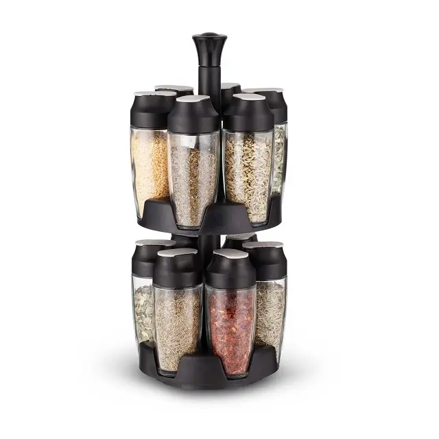 12 acampamento vazio latas de garrafa de vidro tempero Jar sal e pimenta shakers girando tempero condimentos recipiente rack de jogo do presente
