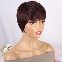 Perruque Coupe Pixie Synthétique Courte Rouge Vin Perruque Pixie avec Frange sans Colle Couches Ondulées pour Femmes 99J