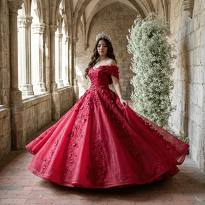 Lsany211 Robes de Quinceañera de maternité rouge scintillant avec appliques, longueur ras du sol, coupe princesse, décolleté cœur, épaules dénudées, Vestidos - Product Image 1