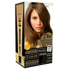 Tinte Permanente para el Cabello Thader Pharma V-Color 703 Rubio Medio Dorado Natural Sin Amoníaco Con Líquido Dorado y Aceites Florales - Product Image 2