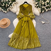 Robes de soirée élégantes pour femmes, style français, manches lanternes, robe trapèze, col en V, taille cintrée, mode décontractée haut de gamme, robe plissée