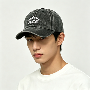 หมวกเบสบอลผ้าแคนวาส 6 แผง ล้างสีสไตล์วินเทจ ปักโลโก้ ACE Mountain แบบกำหนดเอง หมวกทรง Dad Hat สายรัดด้านหลังปรับได้ด้วยหัวเข็มขัดโลหะ - Product Image 1