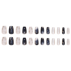 Faux <span class=keywords><strong>Ongles</strong></span> à Presser Esthétiques de Luxe en Gros, Courts Forme Cercueil, <span class=keywords><strong>Bleu</strong></span> <span class=keywords><strong>Marine</strong></span> Marbré avec Fleurs Dorées, Ensembles de Faux <span class=keywords><strong>Ongles</strong></span> de Luxe de Haute Qualité - Product Image 6