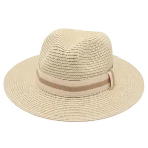 Amazon Best Selling Summer Straw Hat Three-color Square Ribbon Cool Sun Protection Straw Woven Panama Hat