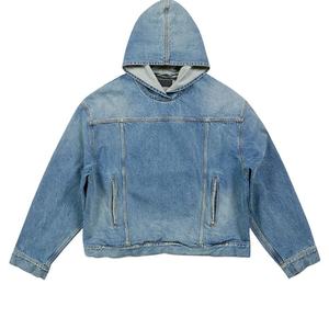 Custom Jean <b>Jacket</b> <b>for</b> <b>Men</b> Light Blue Long Sleeves Cotton Hooded Oversized <b>Denim</b> <b>Jacket</b> - Product Image 5