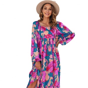 Retro Multi-color Printed square Neck Women's <b>Dress</b> Casual Versatile Women's <b>Dress</b> - Product Image 3