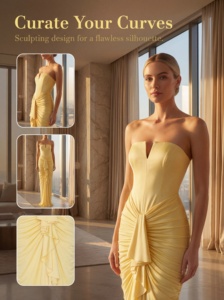 Robe de soirée sirène froncée sans bretelles, étiquette privée OEM, jaune pâle, longue, formelle, pour invitée de mariage, bal de promo, personnalisable - Product Image 6