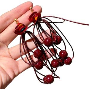 Boucles d'oreilles pendantes vintage en perles de haricot rouge pour femme, bijoux en pierre naturelle, perles rouges, à porter au quotidien 2025 - Product Image 3