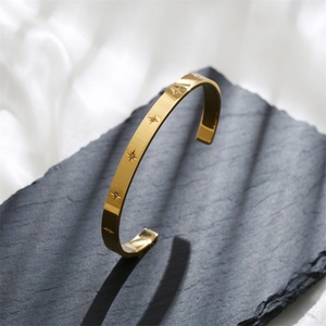24k Stainless Steel Real Fashion <b>Gold</b> Plated Octagon Star Opening C-Shape Zircon <b>Bracelet</b> for Women - Product Image 2