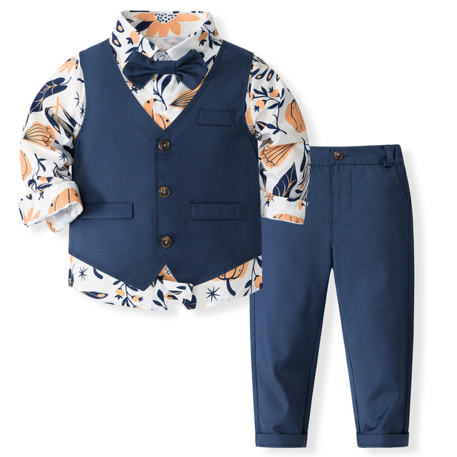 New Printed Shirt Vest Suit Kids Fall Gentleman Outfit Stylish Boys Navy Blue Children Clothing Boys Suits for Parties