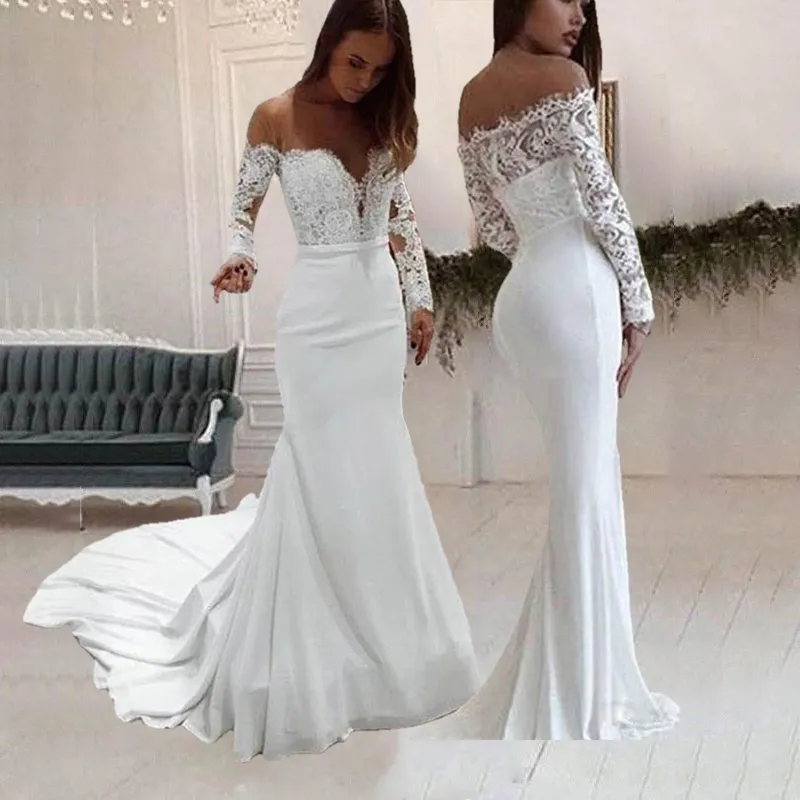 2022 Ladies Lace Long Sleeve Wedding Dress Sweep Floor Length White Wedding Dresses