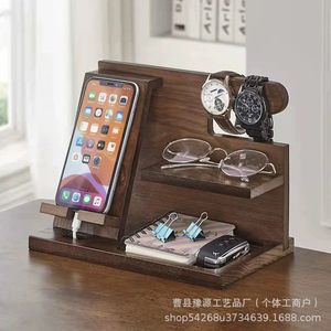 Wooden Desktop Organizer Multi Functional Phone Holder Stand Rectangle <b>Rustic</b> <b>Office</b> Storage For <b>Desk</b> Use - Product Image 2