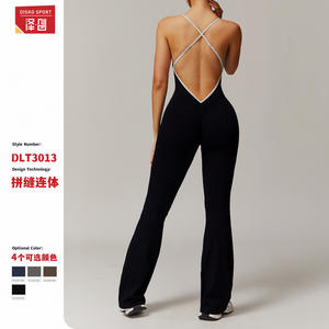 ชุดบอดี้สูทโยคะแบบไขว้หลังสำหรับผู้หญิง Disko Sport รุ่น DLT3013 กางเกงเลกกิ้งขาบาน สีพื้น ชุดออกกำลังกาย - Product Image 1