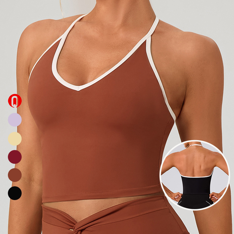 Wholesale Contrast Color Backless Women's Yoga Workout Top V-neck Pilate Running Gym Wear Halter Sports Tank Tops With Chest Pad