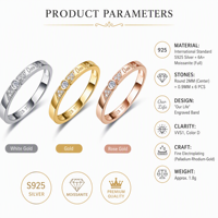 Bague en Moissanite 6A+ VVS1 Couleur D en Argent Sterling 925 avec Gravure et Sertissage Clos, Cadeau pour Femme