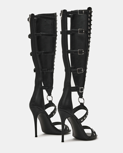 Botas Gladiador Negras de Cuero Sintético PU hasta la Rodilla para Mujer, con Tachuelas, Tacón de Aguja y Diseño Hueco, <span class=keywords><strong>Sandalias</strong></span> <span class=keywords><strong>Romanas</strong></span> para Fiesta - Product Image 6