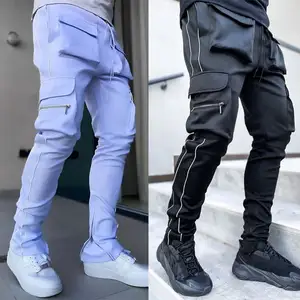 Üst düzey kargo pantolon erkekler's yansıtıcı şerit Joggers Streetwear çok cepler Logo koşu eşofman altları Sweatpants erkekler