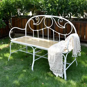 Hot Sale European Style Home Garden Outdoor Furniture Rustic White Metal Wood Double Seat Long Chair Bench