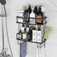 Großhandel Doppelstöckiges Metall-Badezimmerregal mit Handtuchhaken Platzsparendes Wandmontiertes Duschregal für Toilettenartikel-Aufbewahrung