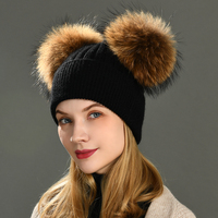 Bonnet d'hiver Jxwatcher pliable et moelleux avec deux grands pompons en vraie fourrure, bonnet extensible pour femme, bonnet chaud en cachemire tricoté, bonnet ample en laine