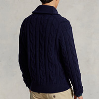 LeBo Maßgefertigter Herren Navy Dicker Luxuriöser Klassischer Zopfmuster Einreihiger Woll-Cardigan mit Daunenkragen