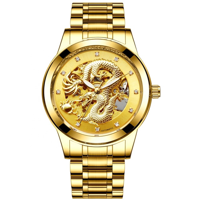 Stainless Steel Band Skeleton Mechanical Men Wristwatch Waterproof Diamond Automatic Dragon Watches Men