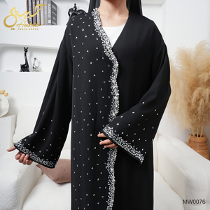 2026 Habib EID Ramadan Luxueux Black Gulf Abaya Dubaï Vente en gros de luxe modeste Abaya ouverte arabe noire avec strass - Product Image 6