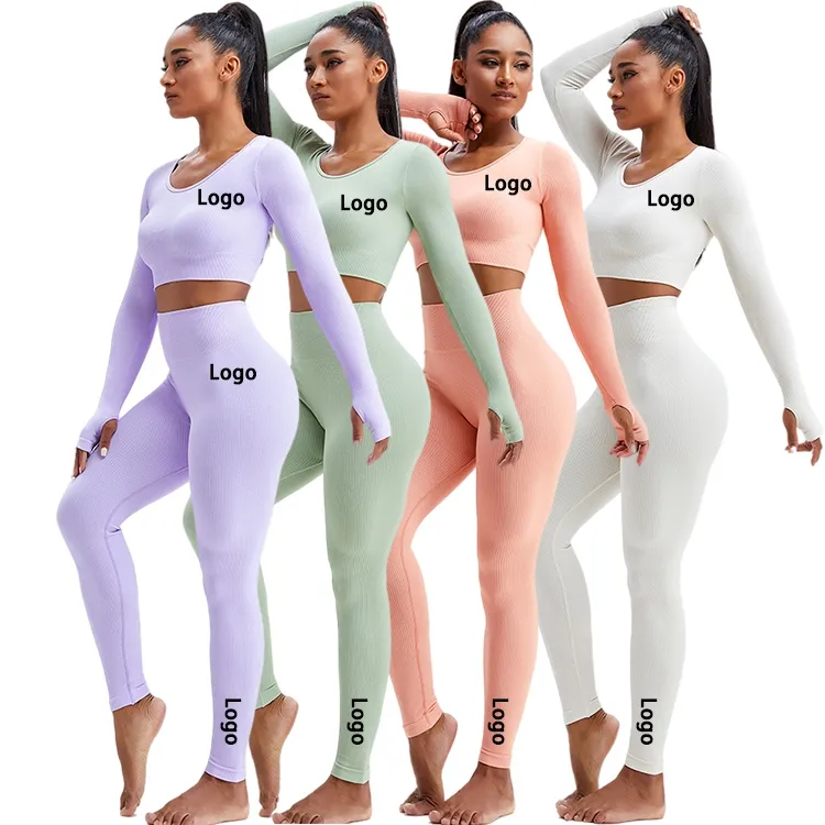 Crop Top Long Sleeve Skin Friendly 2 Piece Set Woman Seamless Yoga Set Ladies High Compression Sportswear Yoga Set