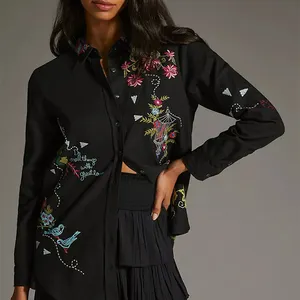 OEM good quality women cotton top cross-stitch floral embroidered western button down shirt STB9008A