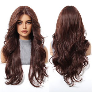 Style libre 13x6 dentelle perruque future fibre synthétique vague naturelle <span class=keywords><strong>cheveux</strong></span> bouclés perruque vraie Photo haute densité rouge brun vin rouge - Product Image 1