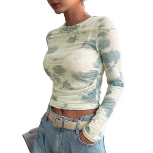 Blusa de Mujer con Estampado Floral de Malla, Cuello Redondo, Ajuste Ceñido, Translúcida, para Uso Diario, Poliéster/Algodón, Transpirable, Manga Ranglán, Casual - Product Image 5