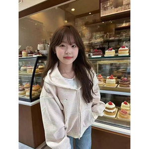 Gray And Pink Striped Hooded Sweatshirt Women Zipper Knitted Breathable Loose Fit Early Autumn 2025 New Style - Product Image 5