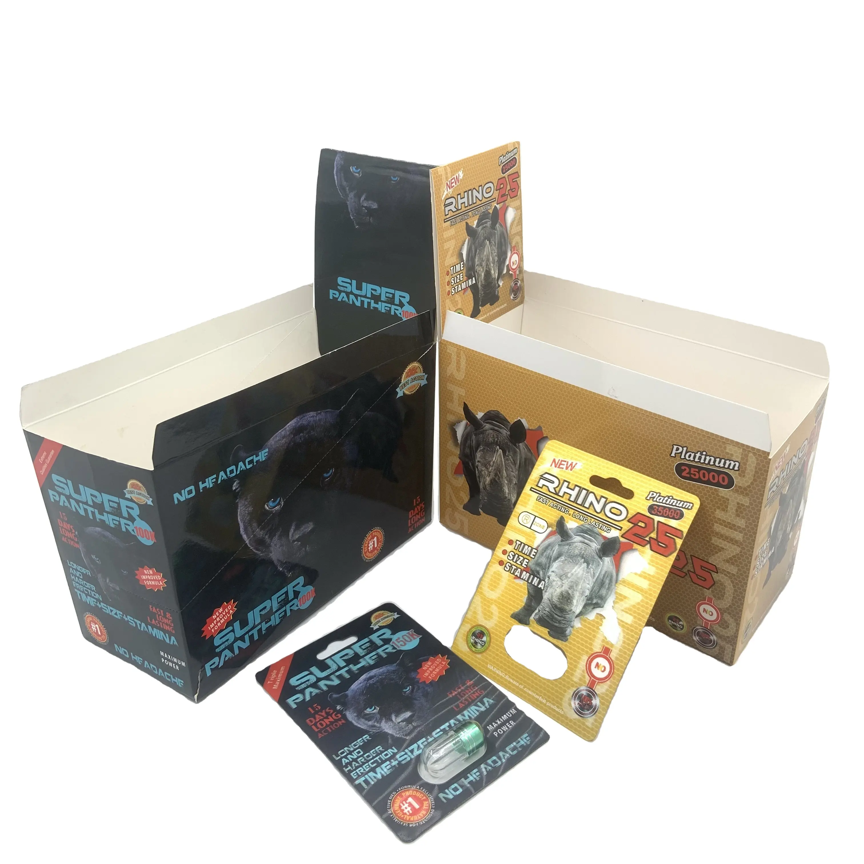 Wholesale Paper Box Black Panther Rhion 25 3D Lenticular Card With Plastic Bottles For Male Enhancement Pills Packaging