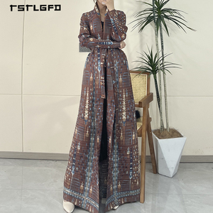 Robe longue plissée pour femme, style Abaya, imprimé tapis persan Kilim, ceinture à nouer, manches longues, modeste, de luxe, ethnique, type kimono - Product Image 1
