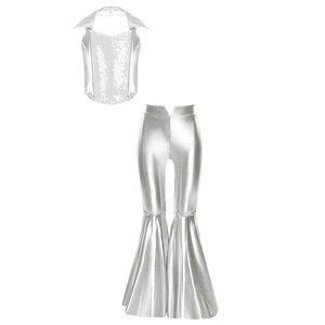 Conjunto Metálico de Dos Piezas para Niñas: Top Halter Corto y Pantalones Acampanados con Espalda Descubierta, Disfraz de Baile para Actuaciones y Fiestas, Personalizable - Product Image 5
