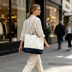 Sac fourre-tout en toile blanche avec logo personnalisé, grande taille, poignée en corde, sac de shopping, bordure marine, OEM/ODM - Product Image 3