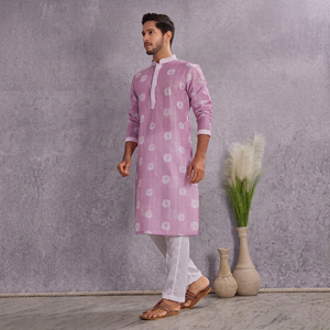 Kurta en coton imprimé rose pour homme, coupe régulière, longueur cheville, style traditionnel décontracté Inde Pakistan - Product Image 2