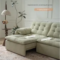 Modernes, schlichtes elektrisches Stoffsofa mit hoher Rückenlehne für das Wohnzimmer, wandnah, großes Sitzfeld, tief, verstellbar, ausziehbar, multifunktional, Holz