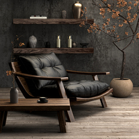 Fauteuil simple moderne rétro, chaise de loisirs vintage en bois massif avec cuir véritable, chaise de lecture et de repos design