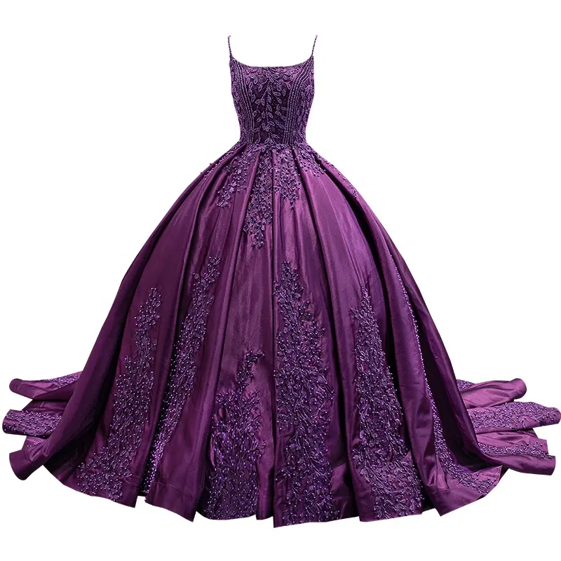 Women Spaghetti Straps Purple Pearls Beaded Puffy Princess Lace Up Custom Ball Gown Party Prom Dress