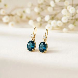 Natural London Blue Topaz Cubic Zirconia <b>Dangle</b> <b>Earrings</b> Oval Gemstone Drop <b>Earrings</b> in 925 Sterling <b>Silver</b> December Birthstone - Product Image 1