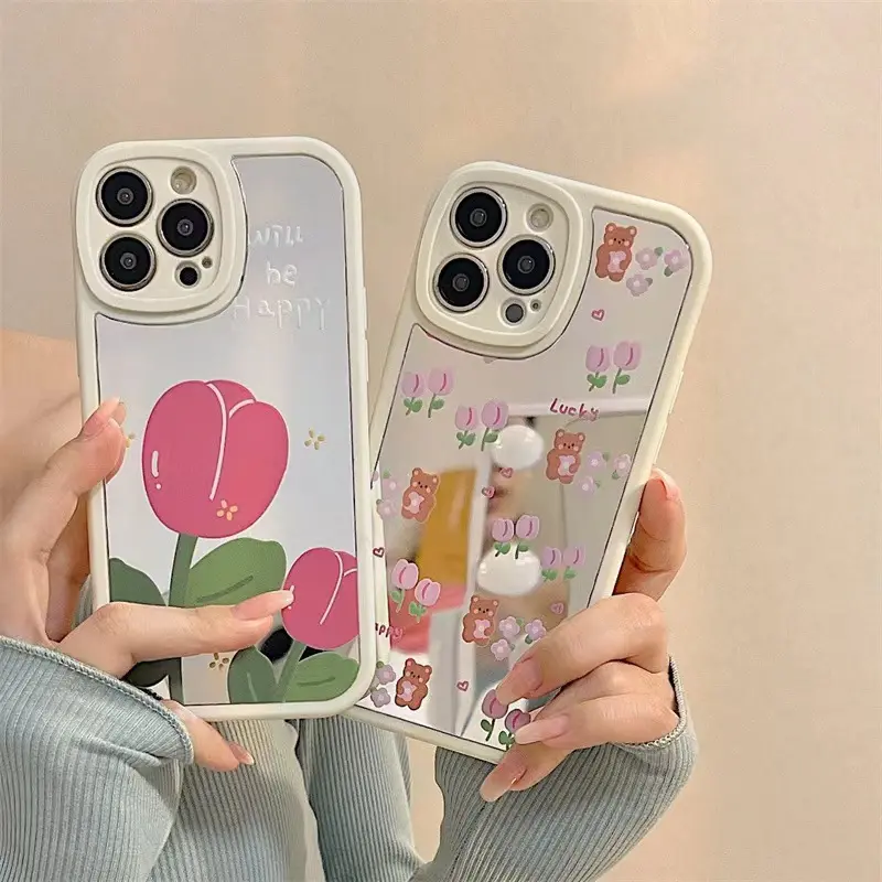 INS wind-funda de teléfono con espejo para Apple 14, carcasa para iPhone 13, tulipán femenino, flor de amor, 12, retoque, marea de maquillaje