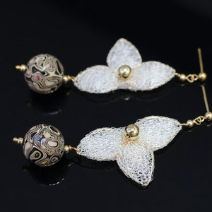 Artisanal Handmade Lacquer Bead <b>Earrings</b>, US‑Imported 14K Gold Filled Wire‑Knitted Mesh Lace Floral Long Dangle <b>Earrings</b> - Product Image 2